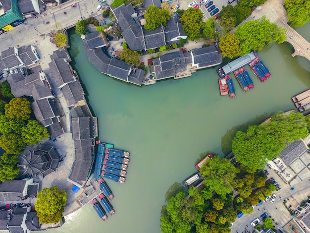 Vista aérea del antiguo muelle de la ciudad antigua de Shantang, Suzhou