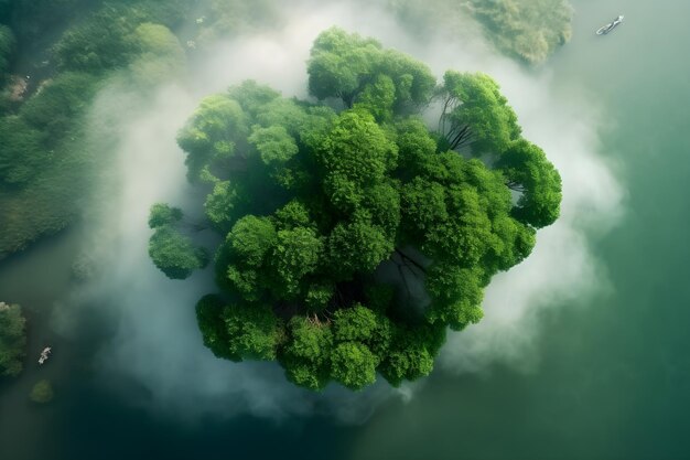 Vista aérea de un árbol verde en la niebla