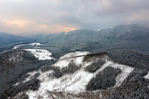 Vista aérea del árido paisaje invernal con colinas de montaña cubiertas de bosque de pinos de hoja perenne después de fuertes nevadas en la fría noche tranquila.