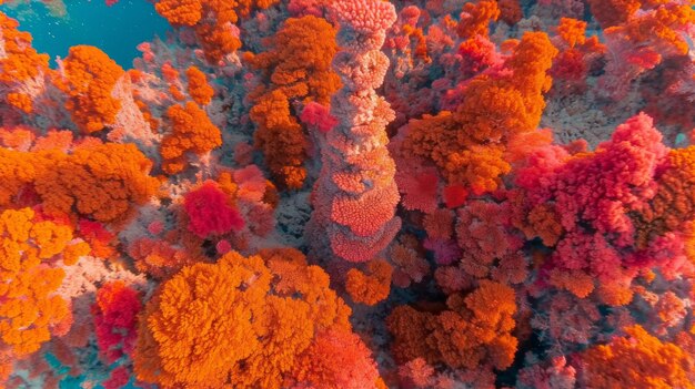 Foto una vista aérea de un arrecife de coral con colores naranja y rojo brillantes ai