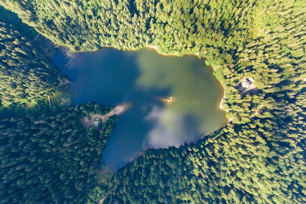 Vista aérea de arriba hacia abajo del gran lago con agua azul clara entre colinas de alta montaña cubiertas de un denso bosque siempre verde.