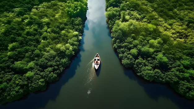 Vista aérea de arriba de un barco en el río en el manglar