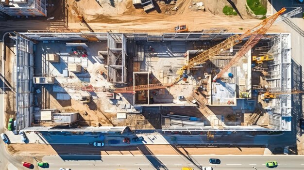 Vista aérea de arriba del sitio de construcción con grúas