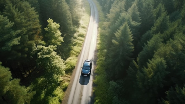 Vista aérea de un automóvil conduciendo por la carretera en el bosque IA generativa