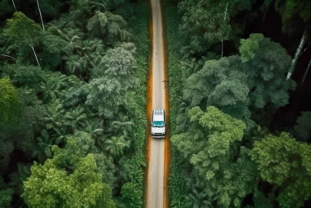 Vista aérea de automóviles conduciendo en la carretera en el bosque tropical IA generativa