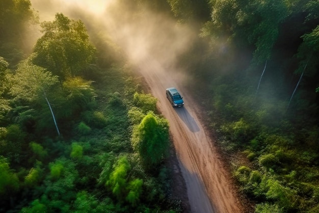 Vista aérea de automóviles conduciendo en la carretera en el bosque tropical IA generativa