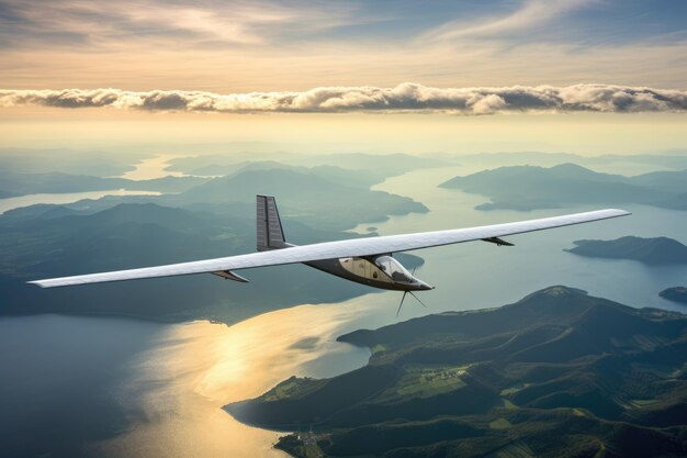 Vista aérea del avión con energía solar en vuelo