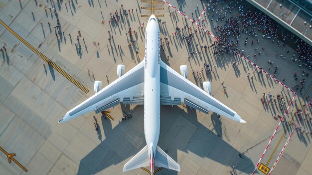 Foto vista aérea del avión y la multitud en la pista del aeropuerto