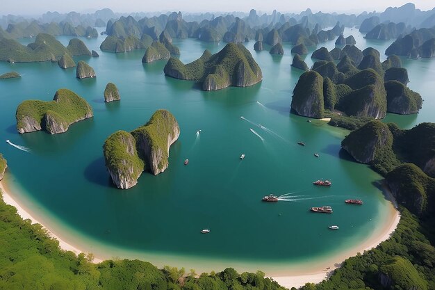 Vista aérea de la bahía de Ha Long, una isla de roca calcárea única en Vietnam