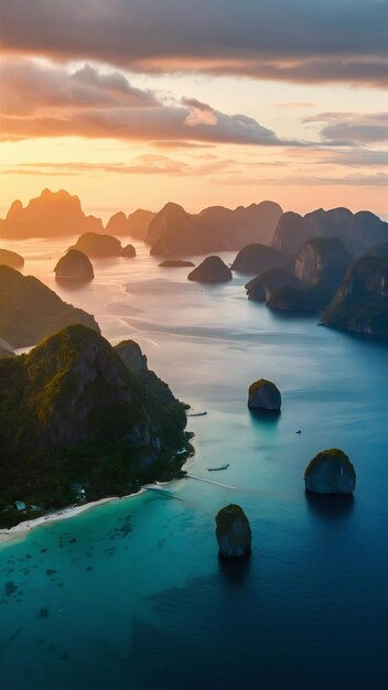 Foto vista aérea de la bahía de phang nga con las montañas al amanecer en tailandia