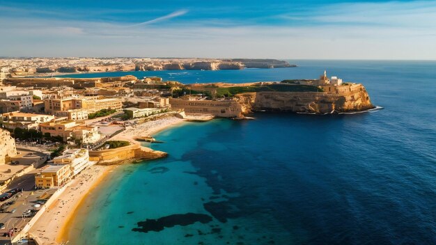 Vista aérea de la bahía de Spinola St Julians y la ciudad de Sliema en Malta