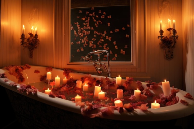 Vista aérea de la bañera desbordante con velas encendidas a su alrededor creada con IA generativa