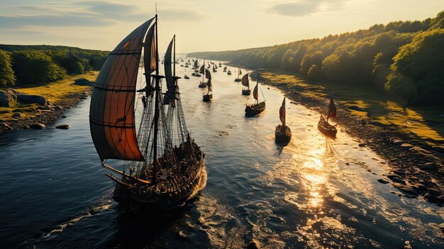 Vista aérea de barcos vikingos navegando por el río Serene en la recreación histórica del atardecer