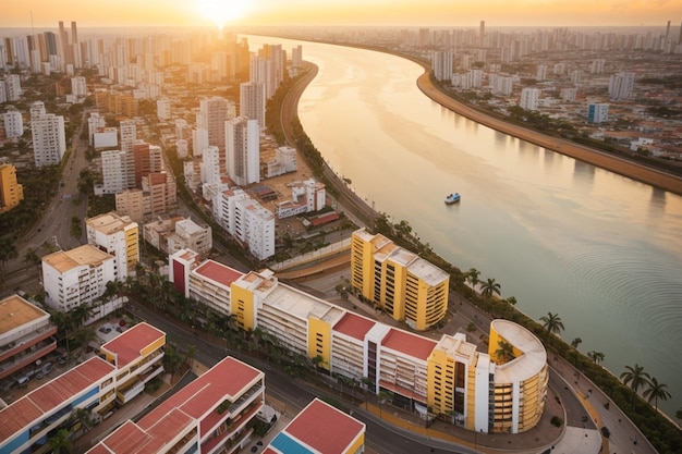 Vista aérea de Barranquilla Colombia hacia el río al atardecer