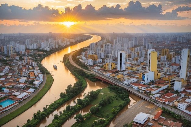 Vista aérea de Barranquilla Colombia hacia el río al atardecer