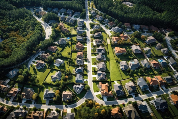Una vista aérea de un barrio residencial con casas y una carretera.