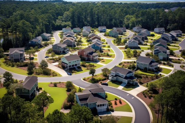 Vista aérea de un barrio suburbano en los Estados Unidos de América Vista aérea de cul de sac en el callejón sin salida de la carretera del barrio con casas construidas en el área residencial de Carolina del Sur AI Generado
