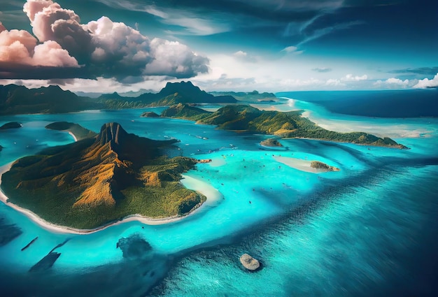 Vista aérea de Bora Bora desde la isla de drones en la Polinesia Francesa Playa de arena blanca y montaña Palmeras y laguna azul Arte generativo de Ai