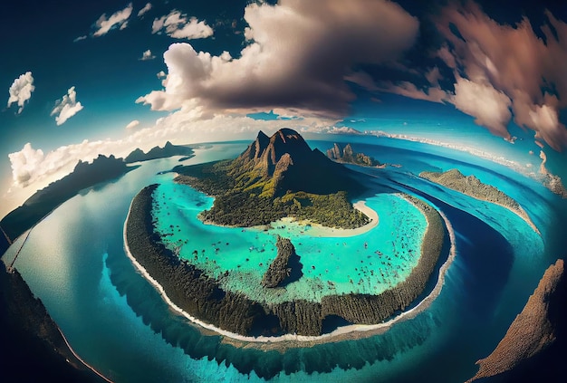 Vista aérea de Bora Bora desde la isla de drones en la Polinesia Francesa Playa de arena blanca y montaña Palmeras y laguna azul Generative Ai Art Fish eye view lens