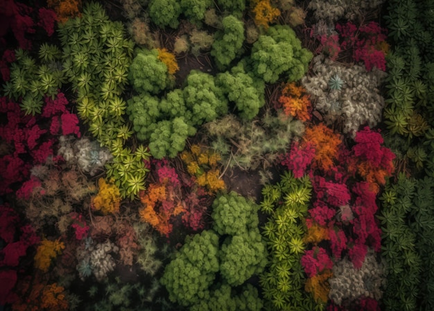 Una vista aérea de un bosque con árboles y los colores del arco iris.