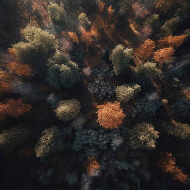 Vista aérea de un bosque con árboles y el sol brillando en la cima
