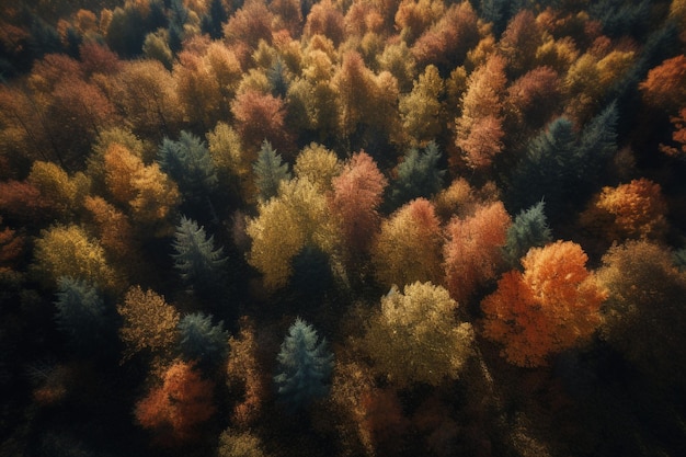 Vista aérea de un bosque con árboles y el sol brillando en la cima