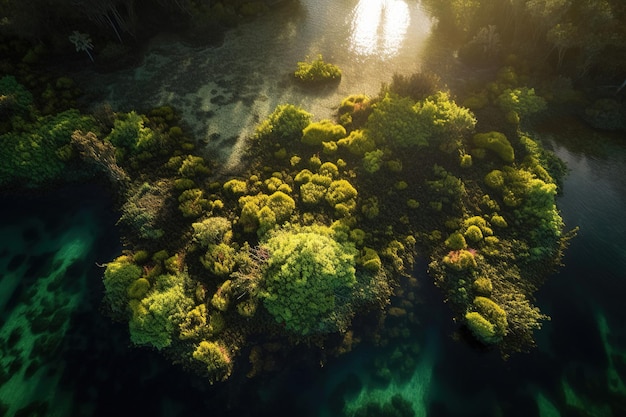 Vista aérea de un bosque con árboles y el sol brillando sobre él