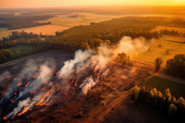 Vista aérea de un bosque en llamas al atardecer Campos y bosques quemados