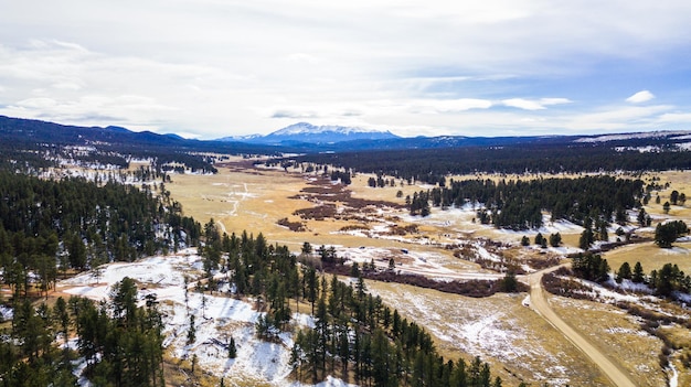 Vista aérea del Bosque Nacional Pikes en invierno.