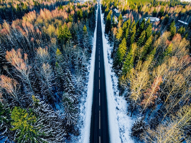 Vista aérea del bosque nevado con un camino Capturado desde arriba con un dron en Finlandia