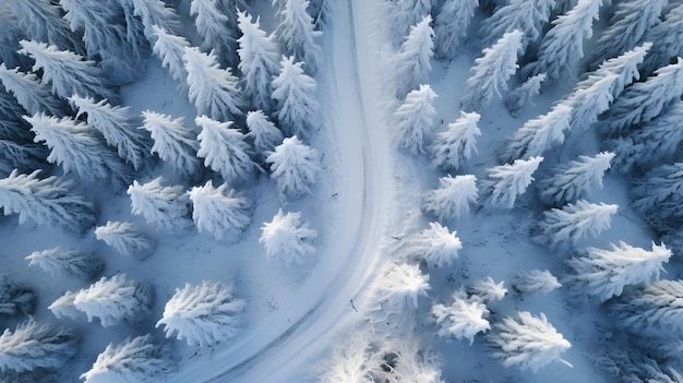 Vista aérea de un bosque nevado con una carretera serpenteante