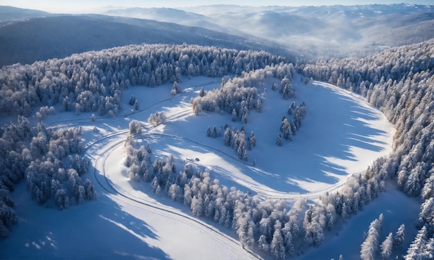 Vista aérea de un bosque nevado con una carretera