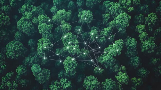 Vista aérea de un bosque con una red de luces conectadas