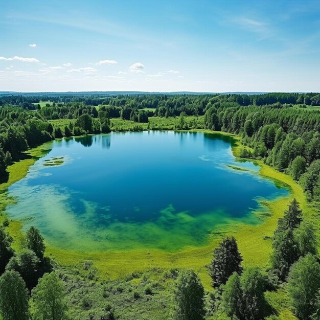 Foto vista aérea del bosque del río durante el día de verano en el fondo de grandes nubes blancas