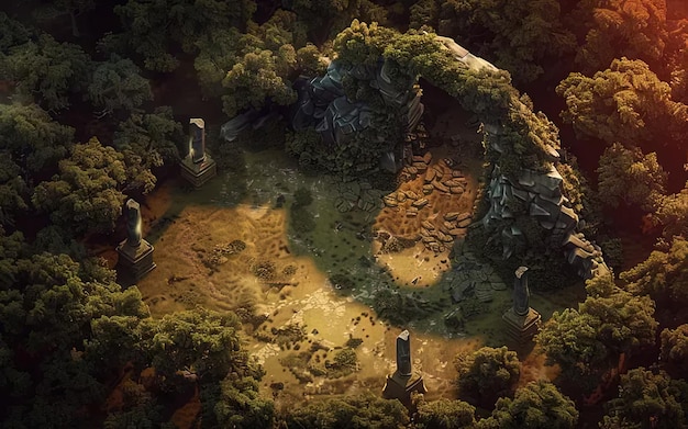 Una vista aérea de un bosque con rocas y árboles
