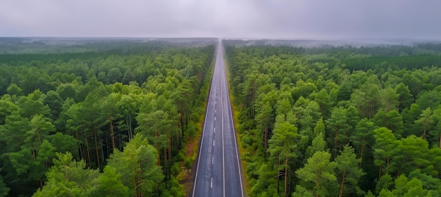 Vista aérea de un bosque verde y una carretera que atraviesa la naturaleza