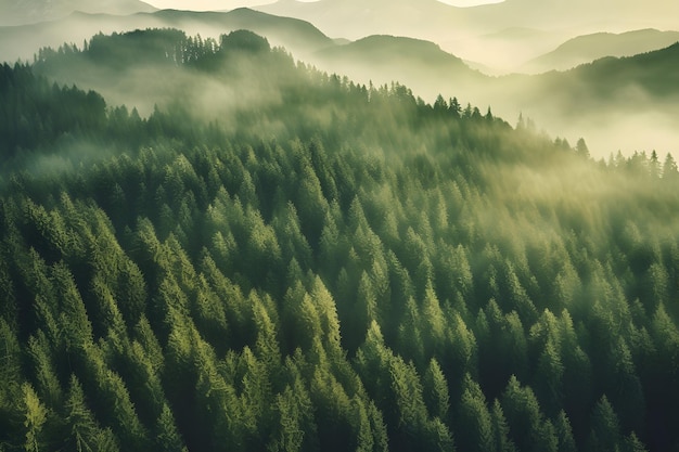 Vista aérea de un bosque verde exuberante bosques de niebla paisajes de coníferas montañas