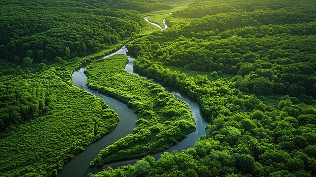 Foto desde una vista aérea un bosque verde exuberante con un río y colinas se extiende por debajo del paisaje estético