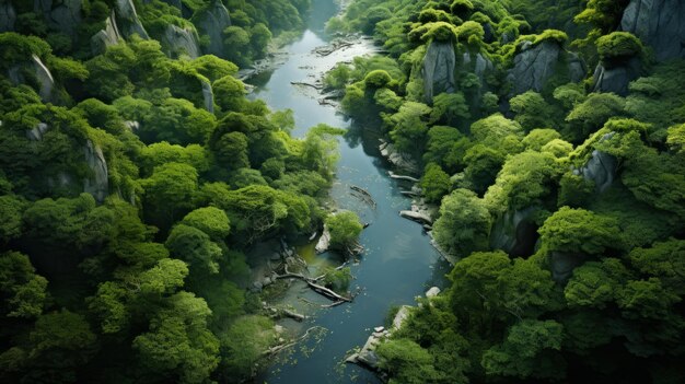 Foto vista aérea de un bosque verde y exuberante con un río