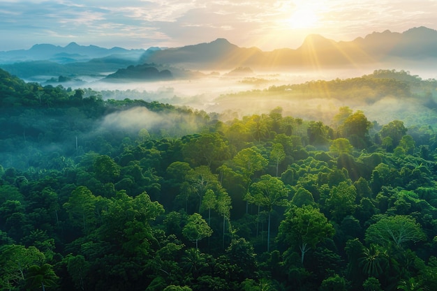 Vista aérea de bosques exuberantes y montañas al amanecer