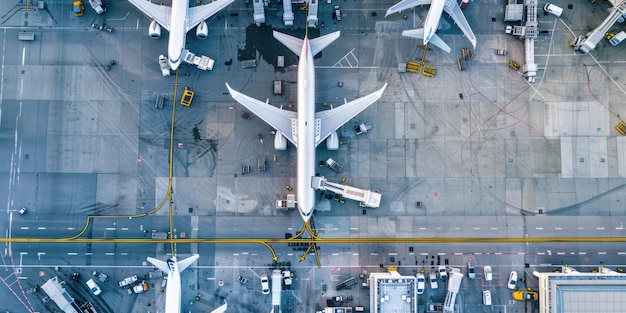 Una vista aérea de una bulliciosa terminal del aeropuerto con aviones que se desplazan por la pista