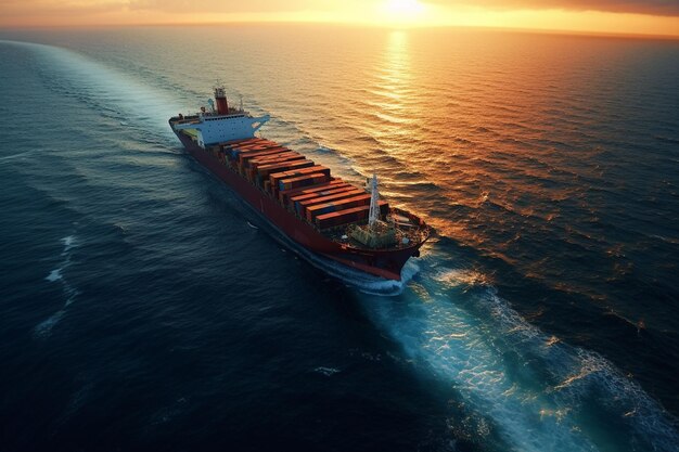 Vista aérea de un buque de carga con un contenedor en el mar al atardecer