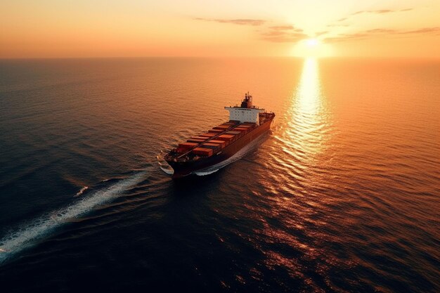 Vista aérea de un buque de carga con un contenedor en el mar al atardecer