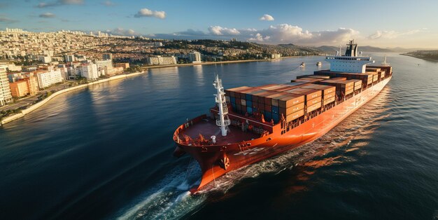 Vista aérea de un buque de carga que transporta contenedores con IA generativa