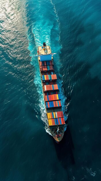 Vista aérea de un buque de carga que transporta contenedores en mar abierto