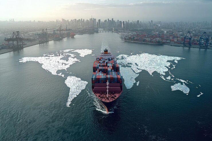 Vista aérea de un buque de contenedores que navega en el mar