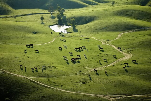 Vista aérea de caballos vagando por un vasto pasto