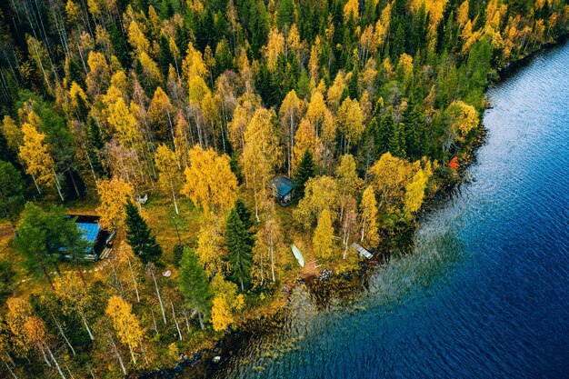 Vista aérea de la cabaña en el bosque de colores otoñales junto al lago azul en otoño rural en Finlandia