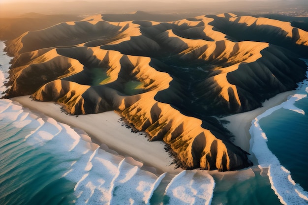 Una vista aérea de una cadena montañosa con nieve en el suelo.