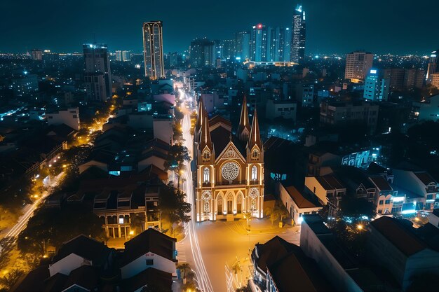 Vista aérea de una calle urbana y una ciudad por la noche